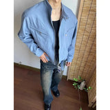 WIAOFELLAS  -  Punk Spliced Jacket High-end Blue Short Work Cargo Coat Men's Handsome Trendy Solid Color Zipper Jacket All-match Top