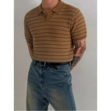 Wiaofellas  -  British Style Polo Shirt Men's Fashion Lapel Business Casual Knitted Short Sleeved T-shirt Striped Social Office Polo Shirts