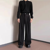 WIAOFELLAS  -  Fashion Men's Solid Color Pleated Loose American Style Pants Trendy New 2025 Summer High-waisted Straight Trousers