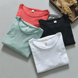 Wiaofellas  -  Japanese Style Loose Fit Long Sleeve Cotton T-Shirt Men's round Neck Thin Bamboo Rayon Worn in Solid Color Versatile plus Size