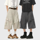 WIAOFELLAS  -  Summer Cotton Casual Pants Men Pocket Cargo Pants Men Japanese Streetwear Hip-hop Loose Wide Leg Pants Mens Calf-Length Pants