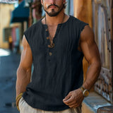 Wiaofellas  -  Men's Retro V-Neck Tank Top Summer Solid Color Casual Sleeveless Loose T-Shirt Outdoor Vacation Basic Top For Men