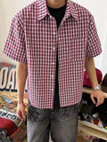 Wiaofellas  -  Trendy Mens Short Sleeve Shirt Tops Spring Summer Vintage Plaid Printing Shirts Men Casual Button-up Turn-down Collar Shirt