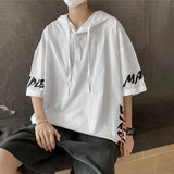 Wiaofellas  -  summer men's clothing short Sleeve Hooded loose oversized Solid Color fashion Printed Spliced button casual 3/4 Sleeve T-shirt