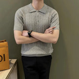 Wiaofellas  -  American Style Knitted Short Sleeve Polo Shirt Men's Slim Fit Casual Versatile Elastic T-Shirt Casual Wear Polyester Fiber