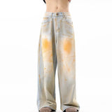 WIAOFELLAS  -  Wasteland style niche design yellow mud jeans men's American high street drape straight floor pants wide-leg pants