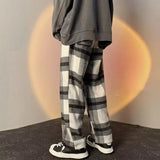 WIAOFELLAS  -  Men Women Woolen Straight Leg Casual Pants Autumn Winter Plaid Wide Leg Trousers High Street Brand Fashionable Trousers