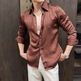 WIAOFELLAS  -  Luxury Men's Long Sleeved Silk Shirts Spring Wrinkles Design Striped Man Social Dress Shirt Elegant Party Prom Mens Clothing 4XL