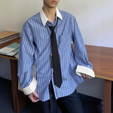 WIAOFELLAS  -  Men Shirt Striped Patchwork Lapel Long Sleeve Pockets Men Clothing Streetwear Loose Fashion Casual Tops Male Shirts