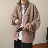 WIAOFELLAS  -  New Vintage Polar Fleece Zipper Jackets For Men Stand-up Collar Appliques Coat Autumn Y2K Streetwear Loose Tracksuit Man Clothes