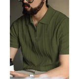 Wiaofellas  -  Summer Men's Knitted Polo Shirt Zipper Loose Short Sleeve Striped Vintage American Style Commute Casual Fashion T-Shirt