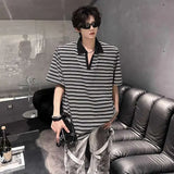 WIAOFELLAS  -  Trendy Men's Striped Contrast Color Shoulder Pads Loose T-shirts Fashion Casual Short Sleeves Lapel Tops Male Summer