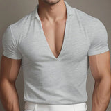 Wiaofellas  -  Spring Summer Men's V Neck Short Sleeve T Shirt Breathable Lightweight Casual Business Basic Tee Tops