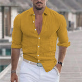 Wiaofellas  -  Men's Spring And Summer Cotton Linen Shirts New Men's Solid Color  Long Sleeve Shirt Loose Lapel Casual Beach Style Shirt