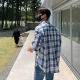 WIAOFELLAS  -  Vintage 2025 Summer Men's Plaid Loose Korean Style Shirts Fashion New Casual Single-breasted Long Sleeves Tops Male