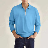 Wiaofellas  -  Men's Light Blue Quarter Zip Polo Neck Top Long Sleeve Casual Solid Color Slim Fit Pullover For Spring Autumn