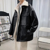 WIAOFELLAS  -  Black Leather Jacket Men Winter Vintage Stand Collar Lamb Wool Cotton Coat Male Korean Loose Zipper Pocket Thick Outerwear