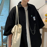 WIAOFELLAS  -  Summer New Turn-down Collar Fashion Half Sleeve Shirt Man High Street Casual Loose Button Cardigan Pockets Y2K Solid Color Tops