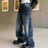 Wiaofellas  -  Men Vintage Rhinestone Wide Leg Jeans Crackle Wash Glitter Diamond Denim Pants Loose Straight Baggy Trousers Hip Hop Long Pants