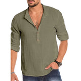 WIAOFELLAS  -  Long-sleeved Loose Solid Color Cotton Shirt XXL Clothing Pullover Vee-neck Stand Beach Traveling Menswear Summer