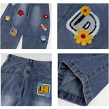 Wiaofellas  -  Spring Floral Appliques Washed Y2K Baggy Jeans For Men High Street Fashion Wide-Leg Denim Trousers New Hip Hop Straight Jean