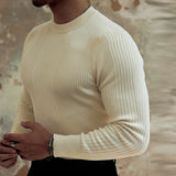 WIAOFELLAS  -  Trendy Bottoming Tees Mens Knitted Solid Color Texture Long Sleeve T-shirts For Men Spring Fall Stylish Slim Stretch O Neck Tops