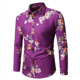 Wiaofellas  -  Men's Tropical Palm Print Long Sleeve Shirt Turn-Down Collar Slim Fit 4-Way Stretch Luxury Dress Shirt Casual Streetwear Tops