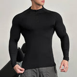 WIAOFELLAS  -  Men T Shirt Solid Color Zipper Long Sleeve Turtleneck Male Tee Tops Streetwear Workout Fashion Casual Men Clothing S-3XL