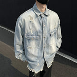 WIAOFELLAS  -  Niche Design Men's Denim Coats Solid Color Holes Raw Edge Pocket Single Breasted Casual Menswear Loose Male Jackets