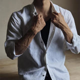 Wiaofellas  -  Stylish Mens Long Sleeve Linen Shirts Spring Autumn Daily Casual Slim Fit Cardigan Tops Men Retro Button-up Lapel Linen Shirt