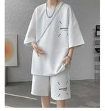 WIAOFELLAS  -  Fashion Men's Suit Solid Color Letter Print O-neck T-shirt Trendy Drawstring High-waisted Shorts Set Male Summer