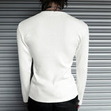 WIAOFELLAS  -  Men T Shirt Solid Color V Neck Long Sleeve Casual Male Tee Tops Streetwear Knitted Fashion Leisure Men Clothing S-3XL