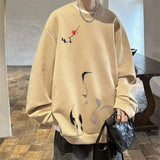 WIAOFELLAS  -  New Ink Painting Crane Printed Pullover Hoodies For Men Spring Hip Hop Fashion O-Neck Hoody Y2K Streetwear Sweatshirts