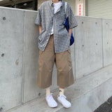 WIAOFELLAS  -  Summer Cotton Casual Pants Men Retro Cargo Pants Men Japanese Streetwear Hip-hop Loose Wide Leg Pants Men Cropped Trousers