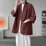 WIAOFELLAS  -  Niche Design Men's Shirts V-neck Solid Color Button Desig Ice Silk Big Pocket Casual Male Tops Summer Menswear