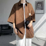 WIAOFELLAS  -  Fashion Men's Solid Color Pocket Design Short Sleeves Blouse Trendy Single-breasted Lapel Casual Shirts Male Summer