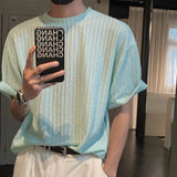 WIAOFELLAS  -  Texture Vertical Stripe Ice Silk T-shirt for Men Summer Thin Hanging Short Sleeved Pullover Tops Rugged Handsome T-shirts Soft