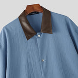 Wiaofellas  -  Men's Shirt Lapel Short Sleeve Patchwork Color-block Men Clothes Loose Streetwear Fashion Tops For Man Camisa S-5XL
