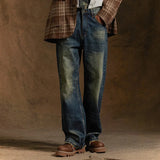 WIAOFELLAS  -  Men's Jeans High Street Trendy Denim Pants American Retro Washed Worn Straight Tube Versatile Micro Flared Casual Trousers