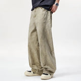 Wiaofellas  -  Men's Vintage Washed Curved Cut Long Pants American High Street Baggy Wide Leg Pants Loose Straight Casual Cargo Trousers
