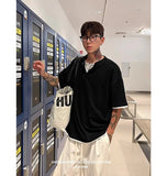 WIAOFELLAS  -  Trendy Summer Men's Fake Two-piece Buttons Design Casual T-shirts Fashion Short Sleeves O-neck Loose Tops Male