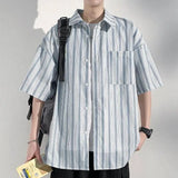 Men's Casual Breathable Short Sleeve Shirt Vertical Stripe Color-Block Lapel Relaxed Fit Trendy Summer Style Top
