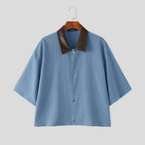 Wiaofellas  -  Men's Shirt Lapel Short Sleeve Patchwork Color-block Men Clothes Loose Streetwear Fashion Tops For Man Camisa S-5XL