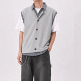 Wiaofellas  -  American Plaid Knitted Shirt Summer Short Sleeve Fake Two-Piece Design Korean Casual Top for Teenagers in Daily Wear