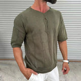WIAOFELLAS  -  Summer Men's Vintage Knit Short Sleeve T-Shirt Muscle Frenulum O-Neck Loose Stretch Pullover Sweater Tees Casual Knitwear Tops