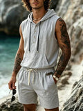 Wiaofellas  -  Fashionable Linen Hoodie Suits Mens Vintage Solid Color Outfits Summer Drawstring Sleeveless Tops And Shorts Two Piece Sets Men