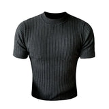 WIAOFELLAS  -  Summer Knitted T Shirt Men Thin Solid Color Half High Neck Striped Short-sleeved Slim T-shirt Streetwear Tops White Black Dark G