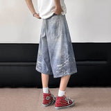 WIAOFELLAS  -  American Style Men Jeans Chians Printing Contrast Color Streetwear Straight Loose Wide Leg Loose Male Denim Shorts