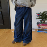 Wiaofellas  -  Autumn Winter Blue Corduroy Cargo Pant Men Women Japanese Streetwear Fashion Loose Casual Wide Leg Track Baggy Pant Man Trousers