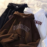 Wiaofellas  -  American Style Casual Hoodie Letter Print Loose Fit Unisex Autumn Winter Versatile Couple's Wear Cotton Long Sleeve Coat